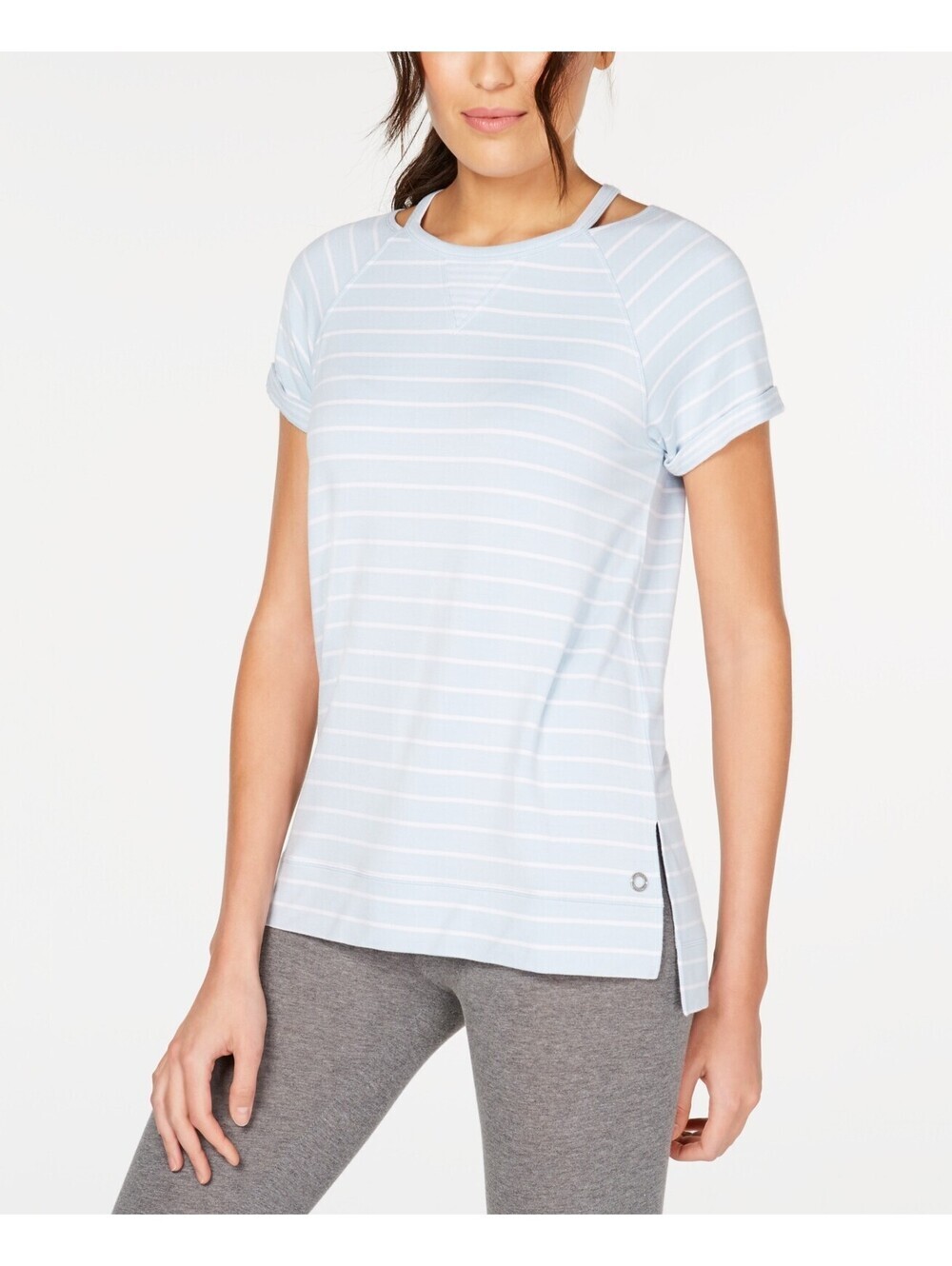 Calvin Klein Womens Striped Cuffed High-Low Hem T-Shirt Size XS